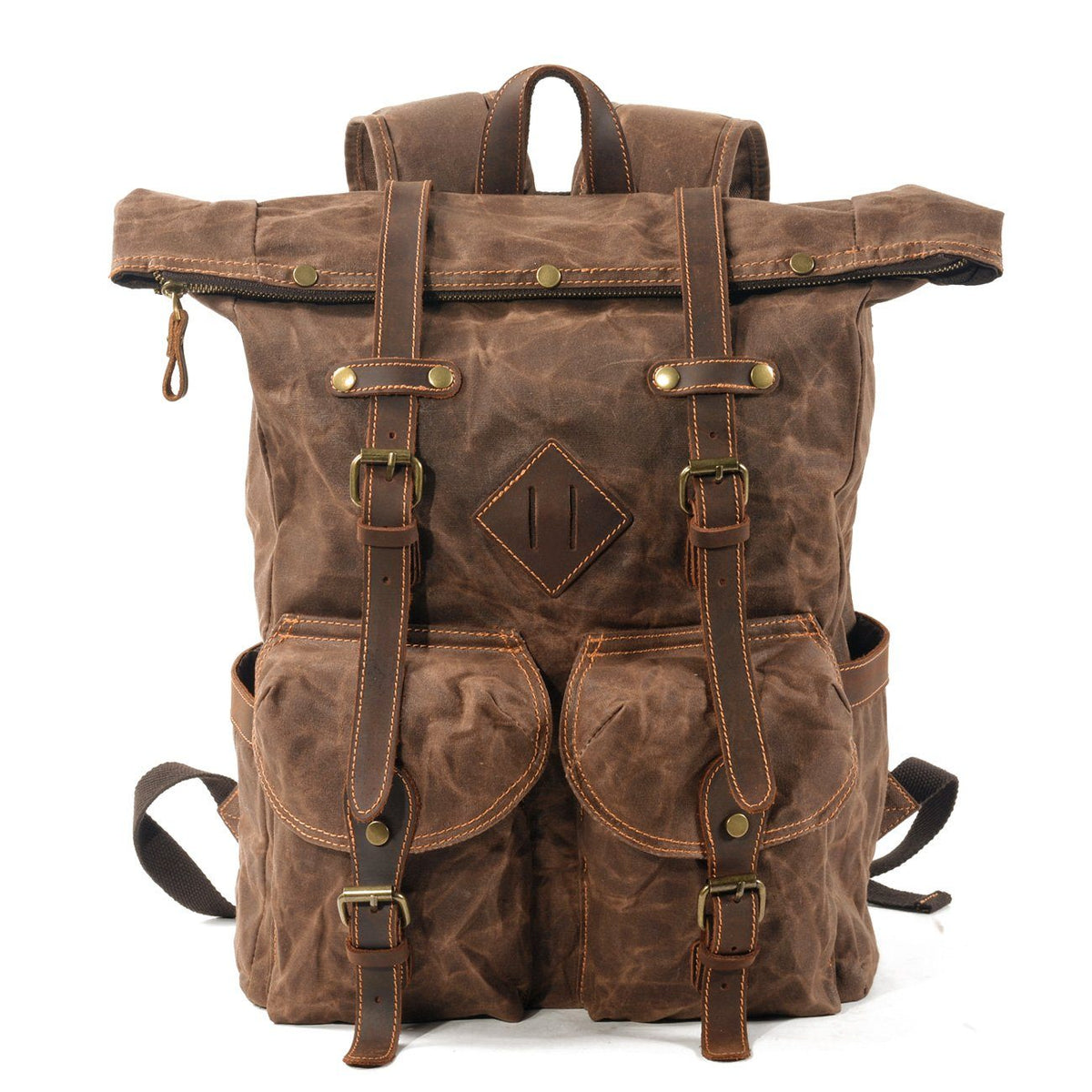 Front of coffee waxed canvas roll top backpack with leather buckle straps and twin flap pockets.