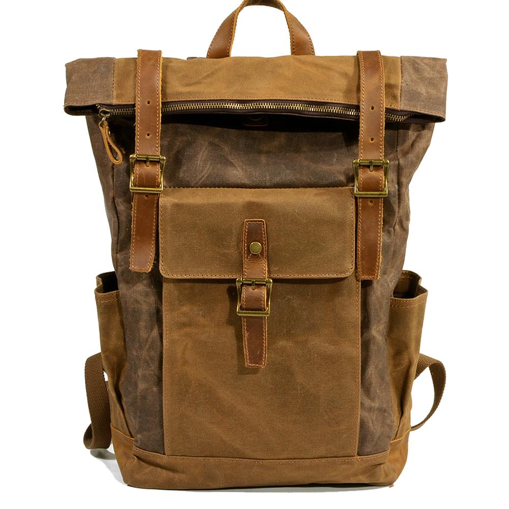 Coffee vintage roll top waxed canvas backpack with brown leather straps and front pocket