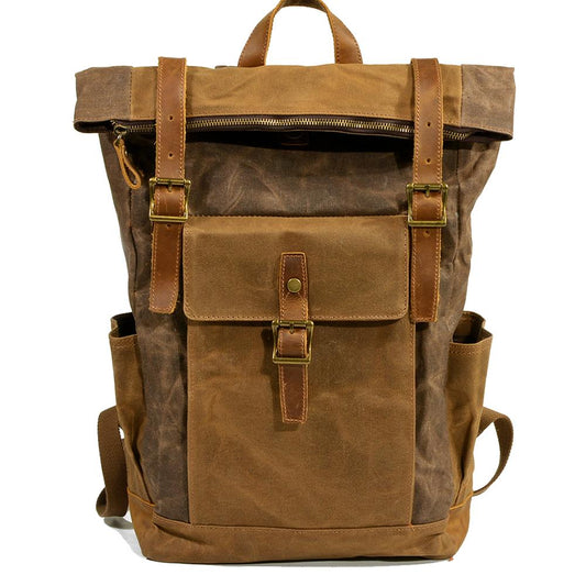 Coffee vintage roll top waxed canvas backpack with brown leather straps and front pocket