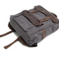 Dark Gray canvas backpack with the leather flap buckled and the front pocket visible.