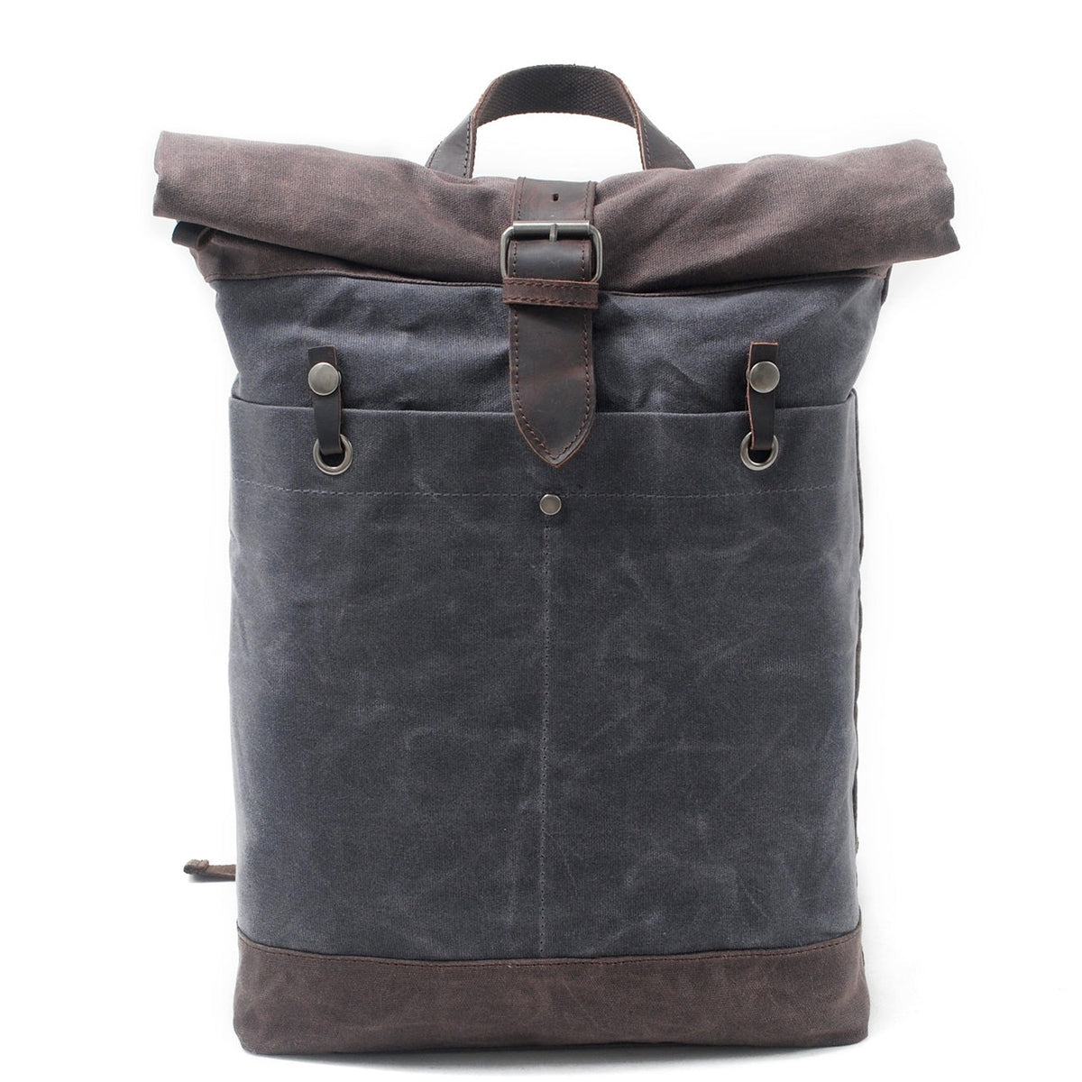 Gray water-resistant waxed canvas roll top backpack with a leather buckle strap