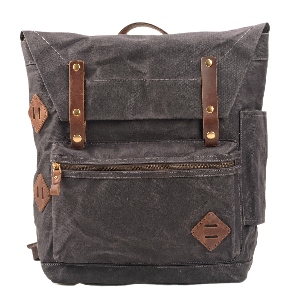 Gray waxed canvas travel laptop backpack with leather straps and a zippered pocket