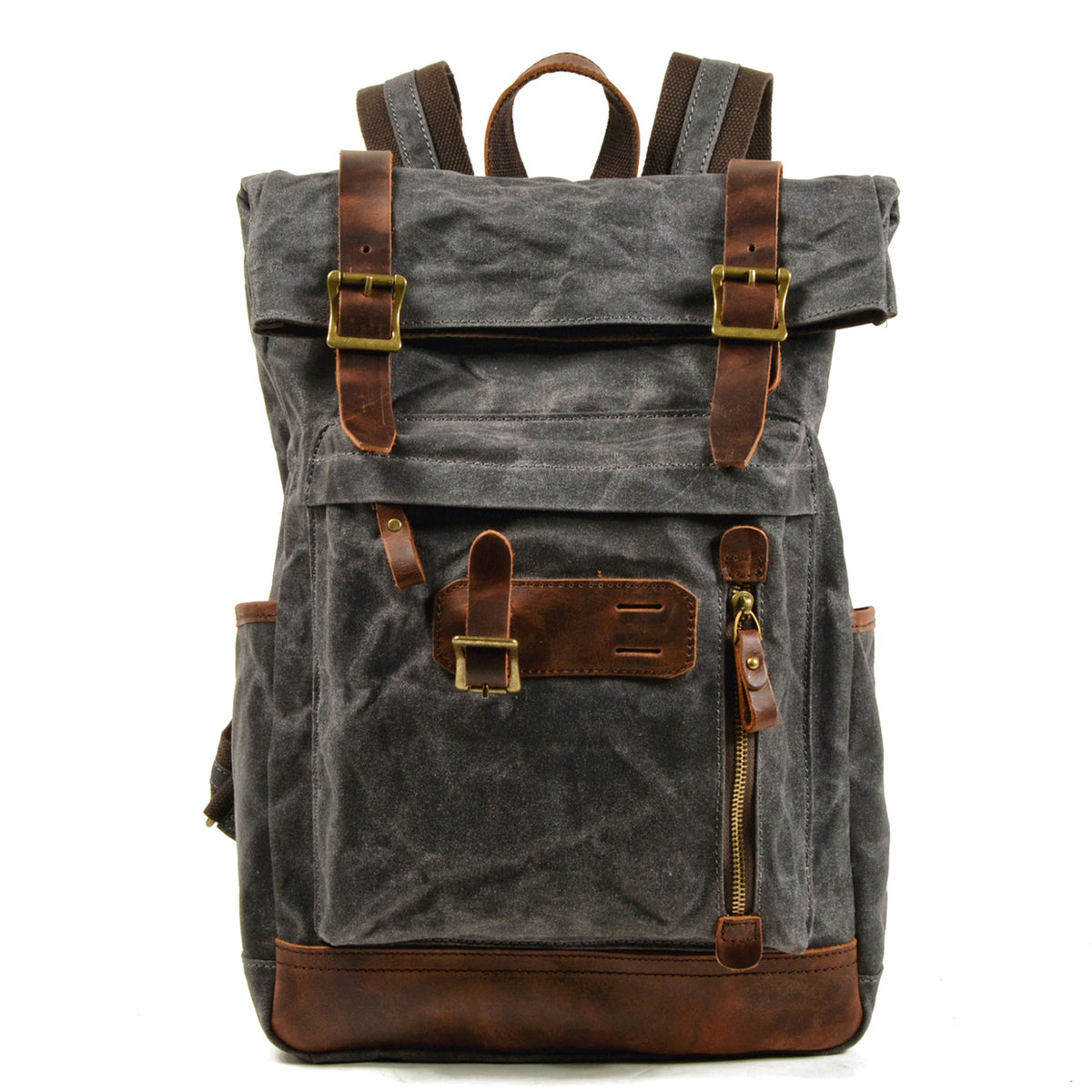 Gray waxed canvas roll top backpack with a leather front pocket