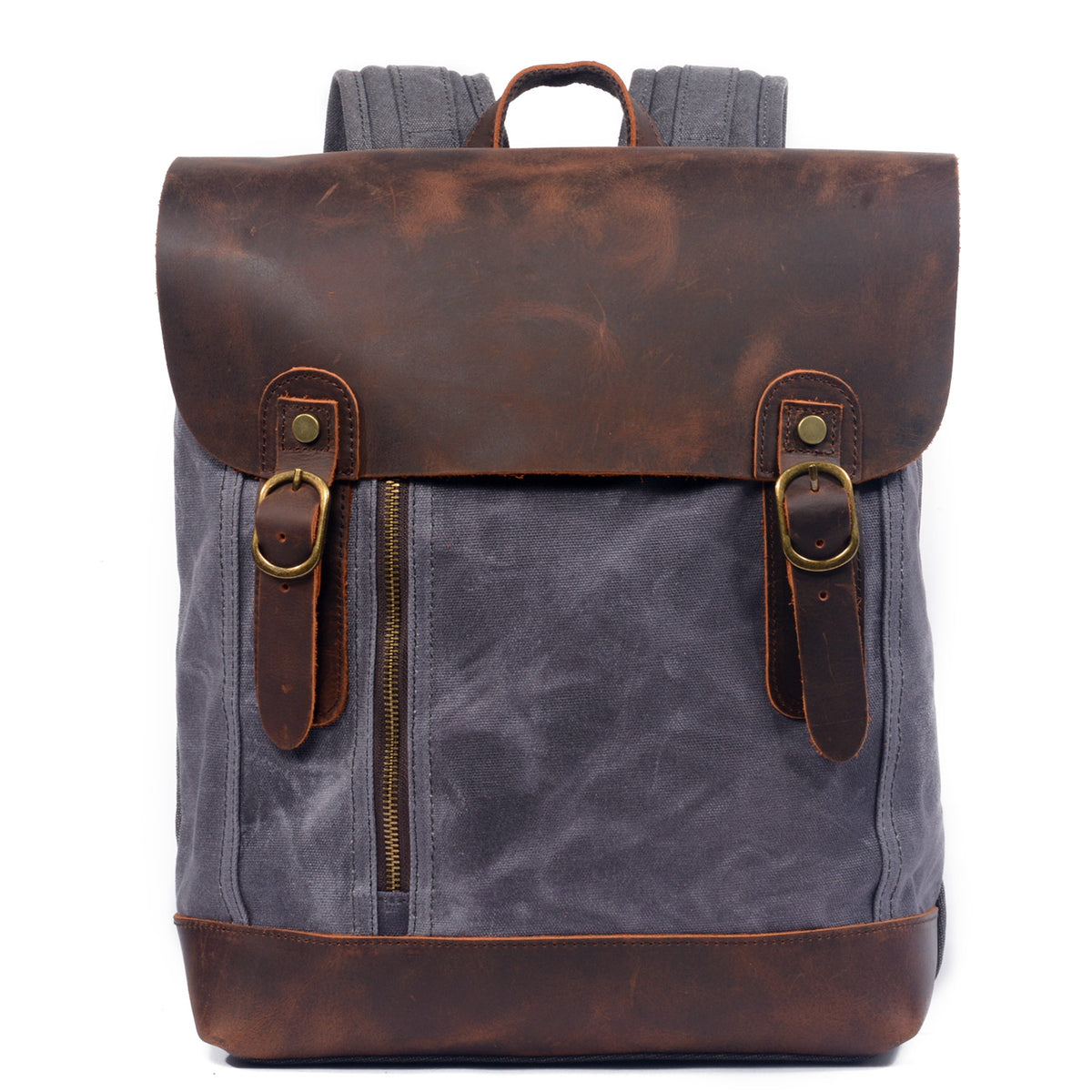 Gray water-resistant waxed canvas school backpack with a leather flap and base