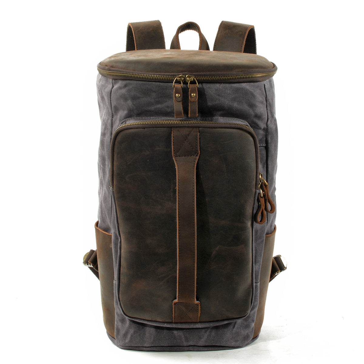 Gray waxed canvas backpack with a leather front panel and twin zipper pulls