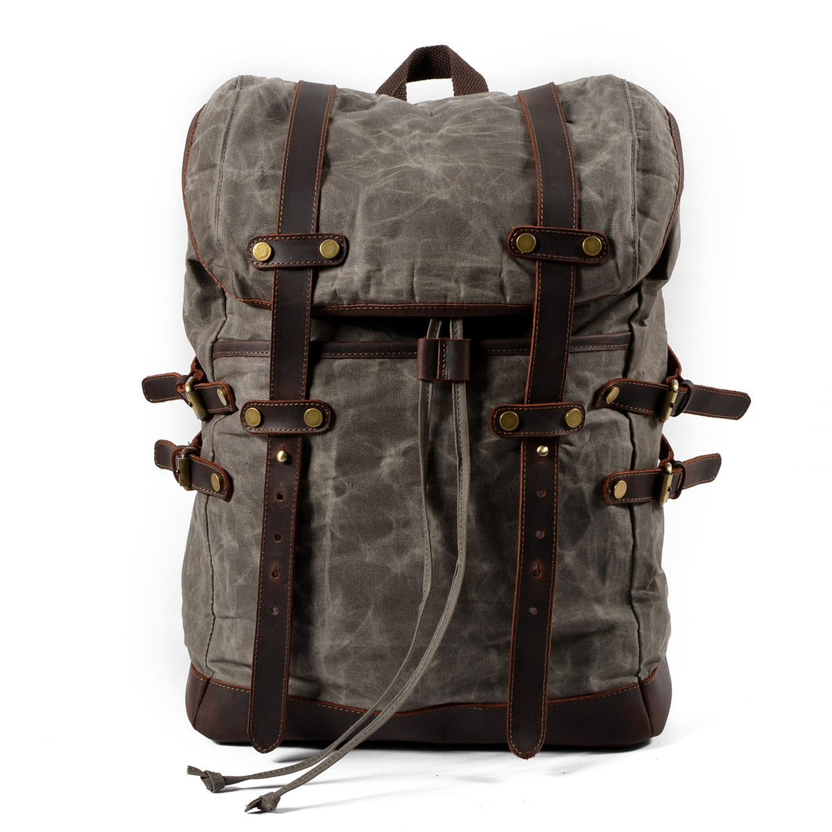 Gray vintage waxed canvas laptop rucksack with dark leather straps