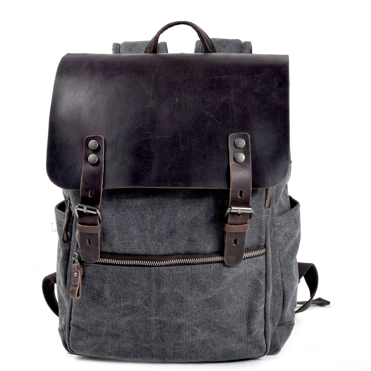 Gray canvas laptop backpack with a crazy horse leather flap, buckle straps and front zip pocket