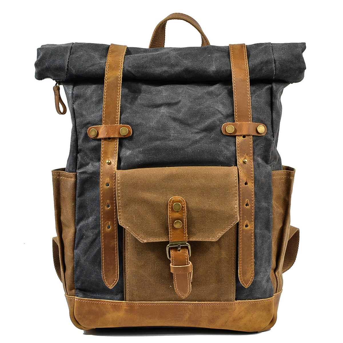 Gray vintage waxed canvas roll top backpack with brown leather straps and buckle pocket