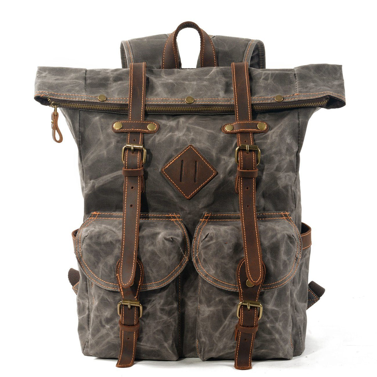 Front of gray waxed canvas roll top backpack with leather buckle straps and twin flap pockets.