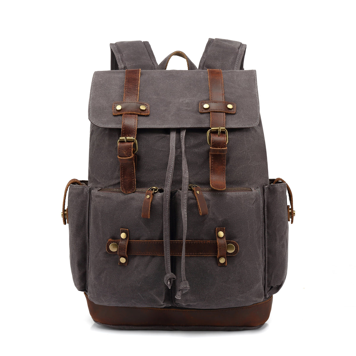 Gray waxed canvas rucksack with a brown leather base and dual buckle flap