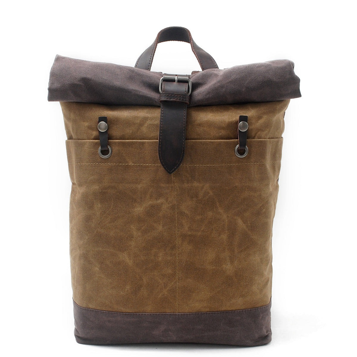 Khaki water-resistant waxed canvas roll top backpack with a leather buckle strap