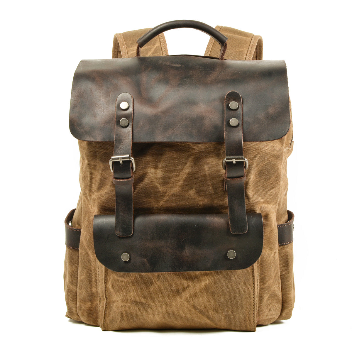 Khaki waxed canvas laptop backpack with a dark crazy horse leather flap