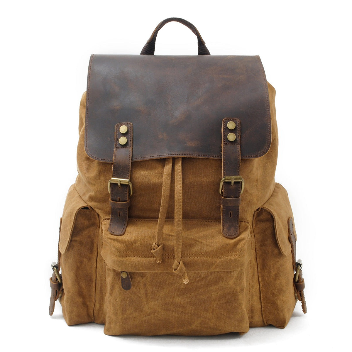 Khaki waxed canvas laptop backpack with a crazy horse leather flap and buckle straps