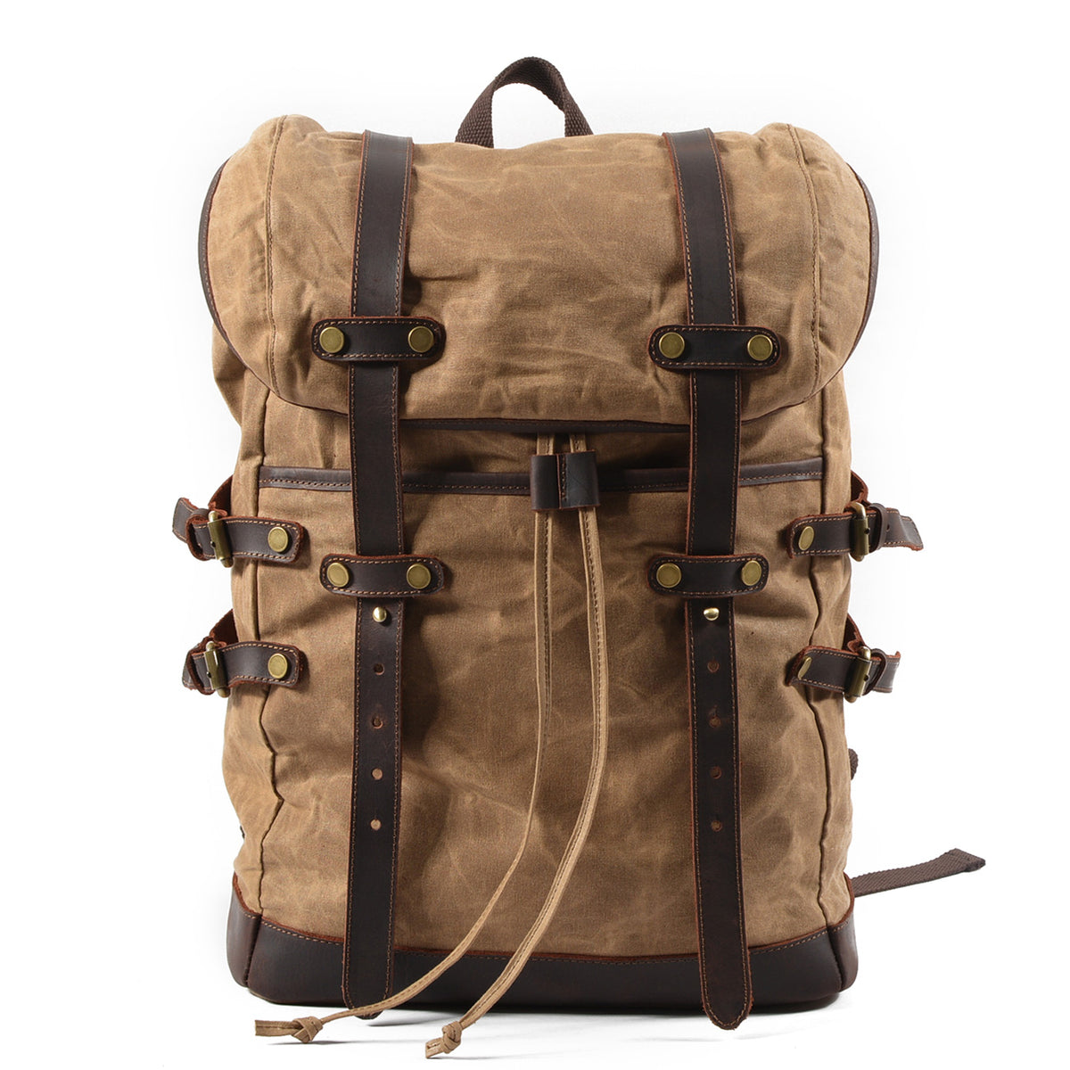 Khaki vintage waxed canvas laptop rucksack with brown crazy horse leather straps