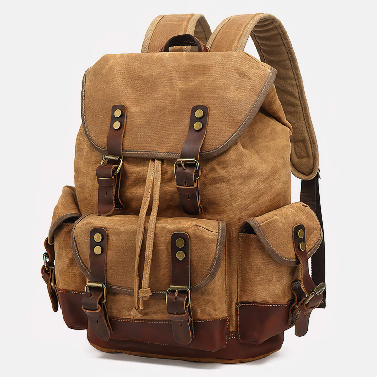 Khaki waxed canvas backpack with brown leather flaps and a drawstring top