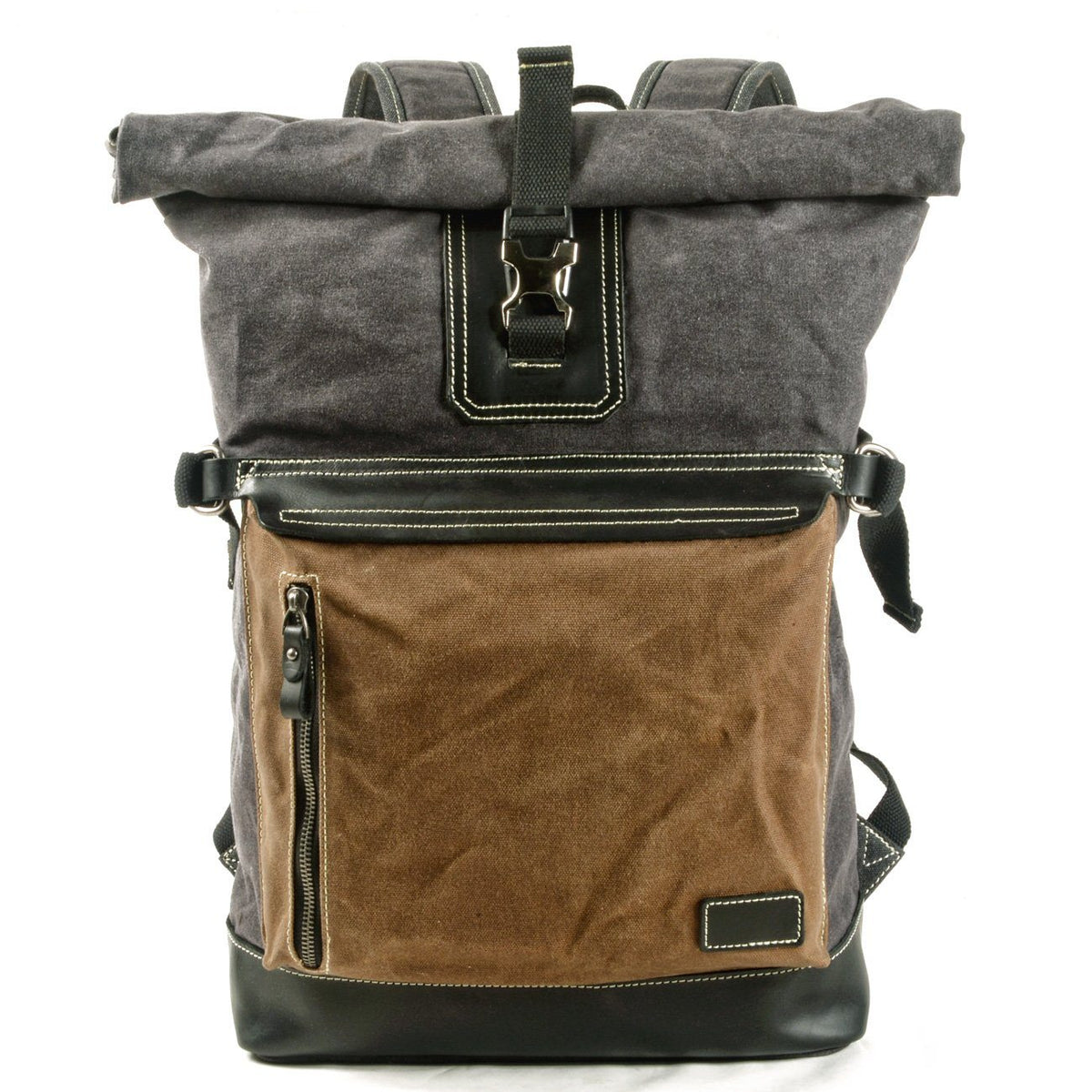 Khaki waxed canvas roll top backpack with a zippered front pocket, leather trim and a metal buckle