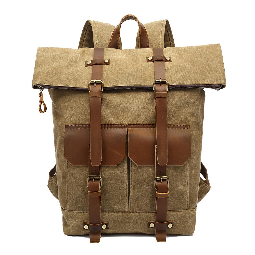 Khaki waxed canvas roll top backpack with crazy horse leather straps and twin front pockets