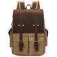 Khaki waxed canvas camera backpack with a brown leather flap and two buckled front pockets