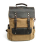 Khaki canvas rucksack with a dark brown leather flap