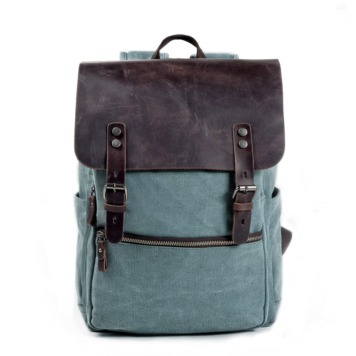 Lake green canvas laptop backpack with a leather top handle and front zipper pocket