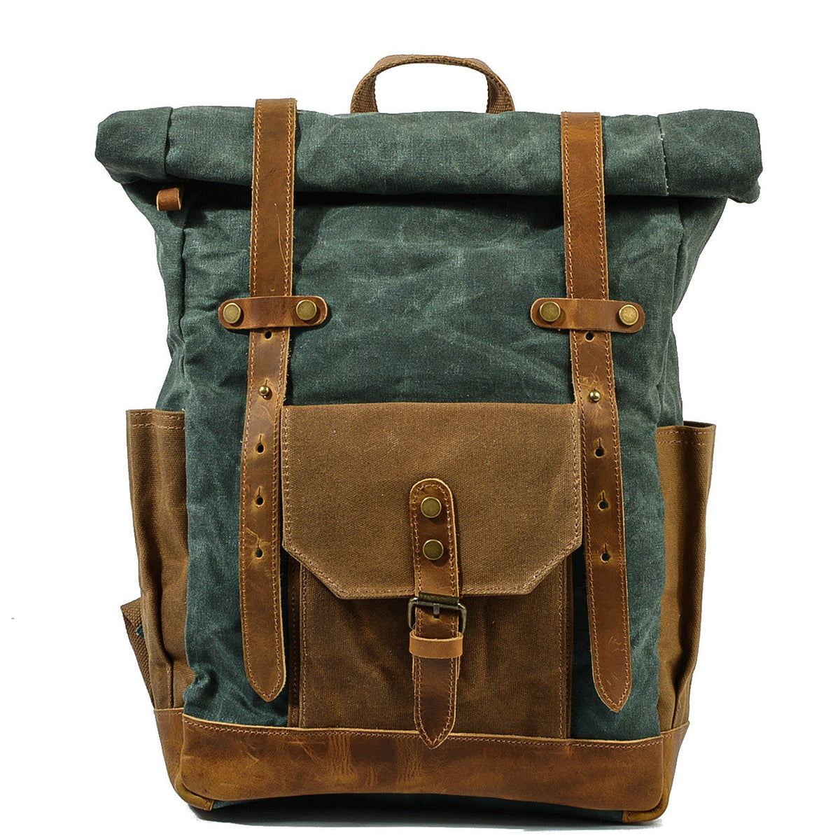 Lake green vintage waxed canvas roll top backpack with crazy horse leather straps and front pocket