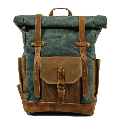 Lake green vintage waxed canvas roll top backpack with crazy horse leather straps and front pocket