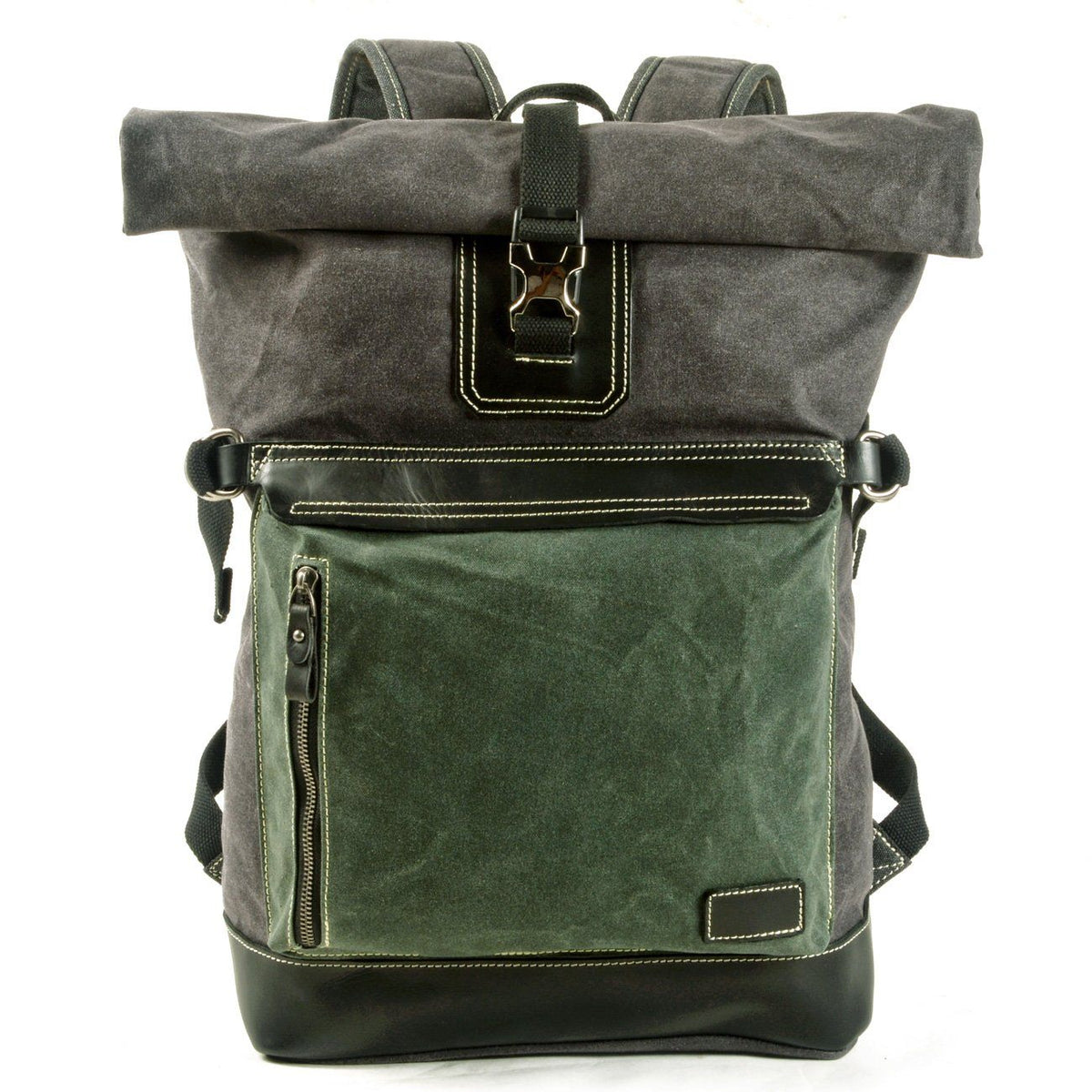 Lake green waxed canvas roll top backpack with a green front pocket, leather trim and a metal buckle