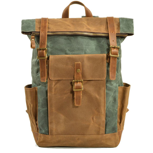 Lake green roll top waxed canvas laptop backpack with leather buckle straps