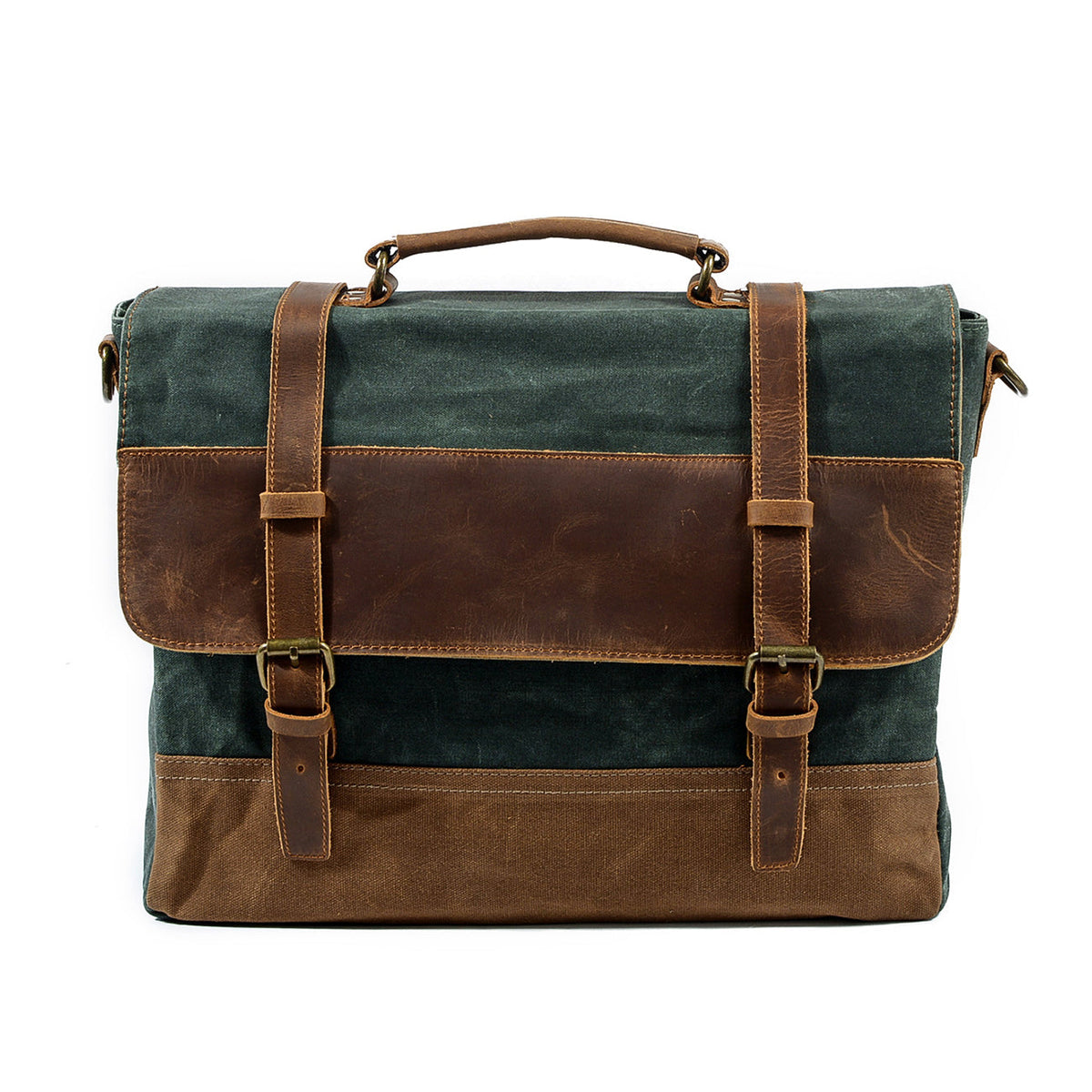 Lake green waxed canvas messenger bag with a leather flap and two buckle straps