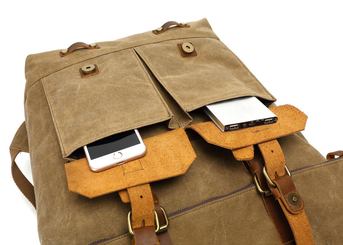 Phone and power bank in the two leather flap front pockets