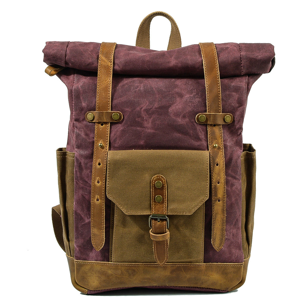 Red vintage waxed canvas roll top backpack with leather straps and a front flap pocket