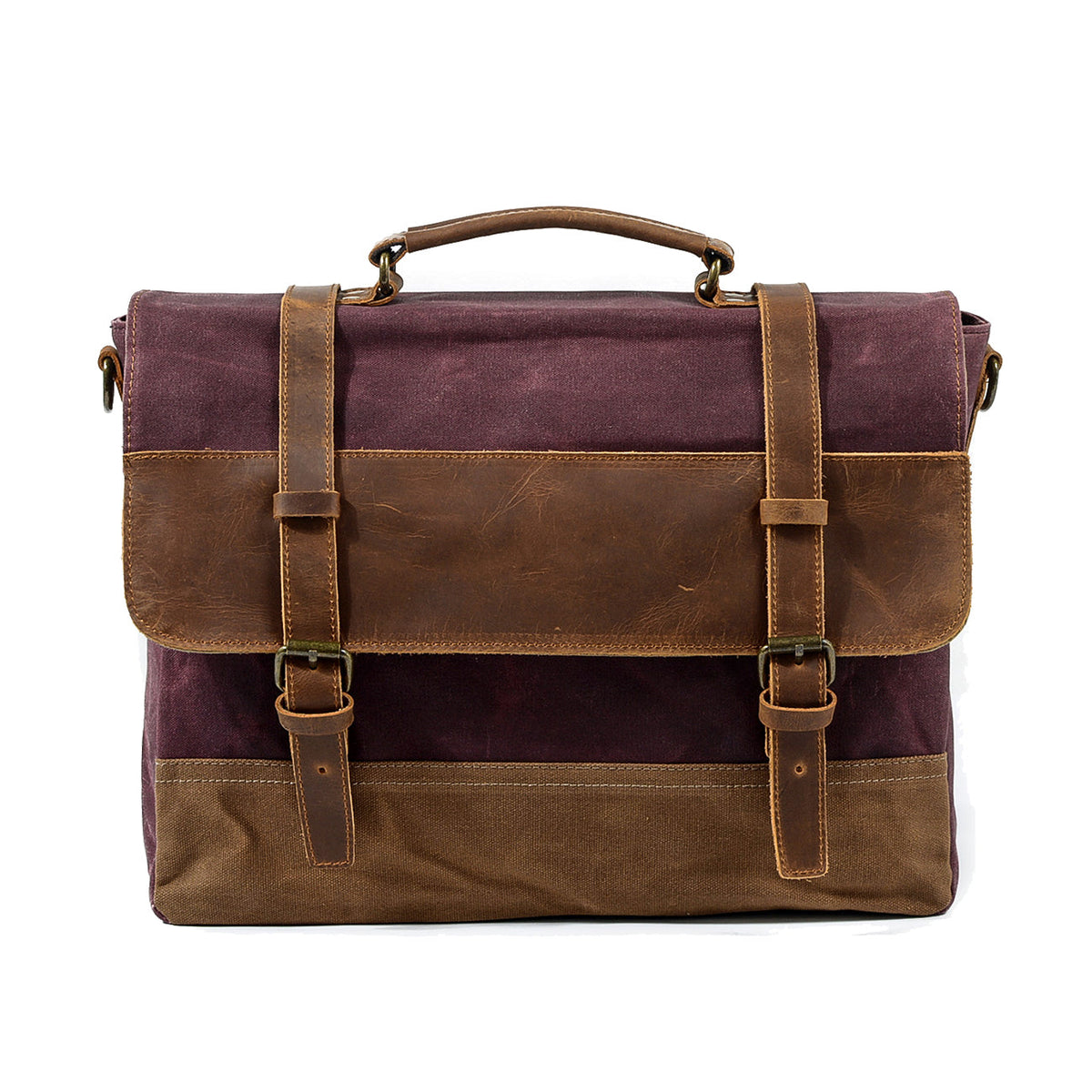 Red canvas messenger bag with a leather top handle, flap and front straps