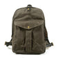 Front of the dark gray waxed canvas backpack with a brass snap pocket