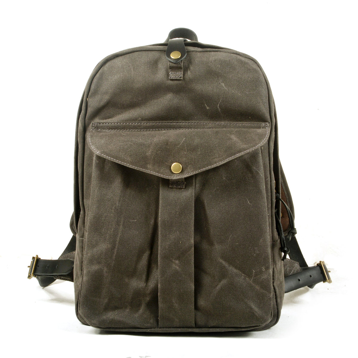 Front of the dark gray waxed canvas backpack with a brass snap pocket