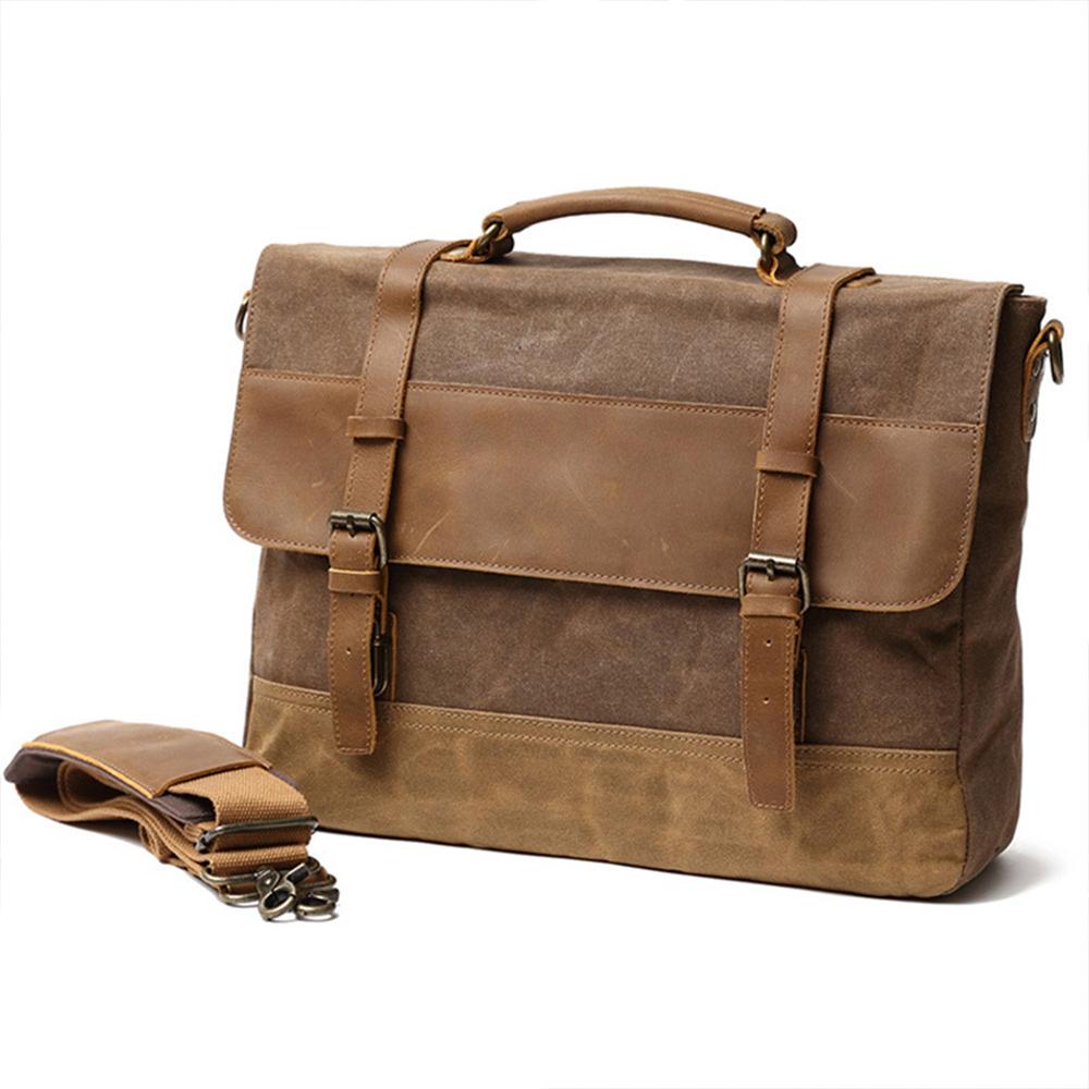 Messenger bag with its buckled flap closed and shoulder strap arranged alongside
