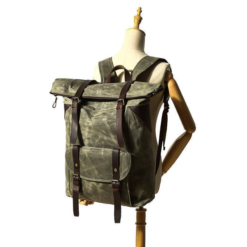 Waxed Canvas Waterproof Roll Top Backpack 30L