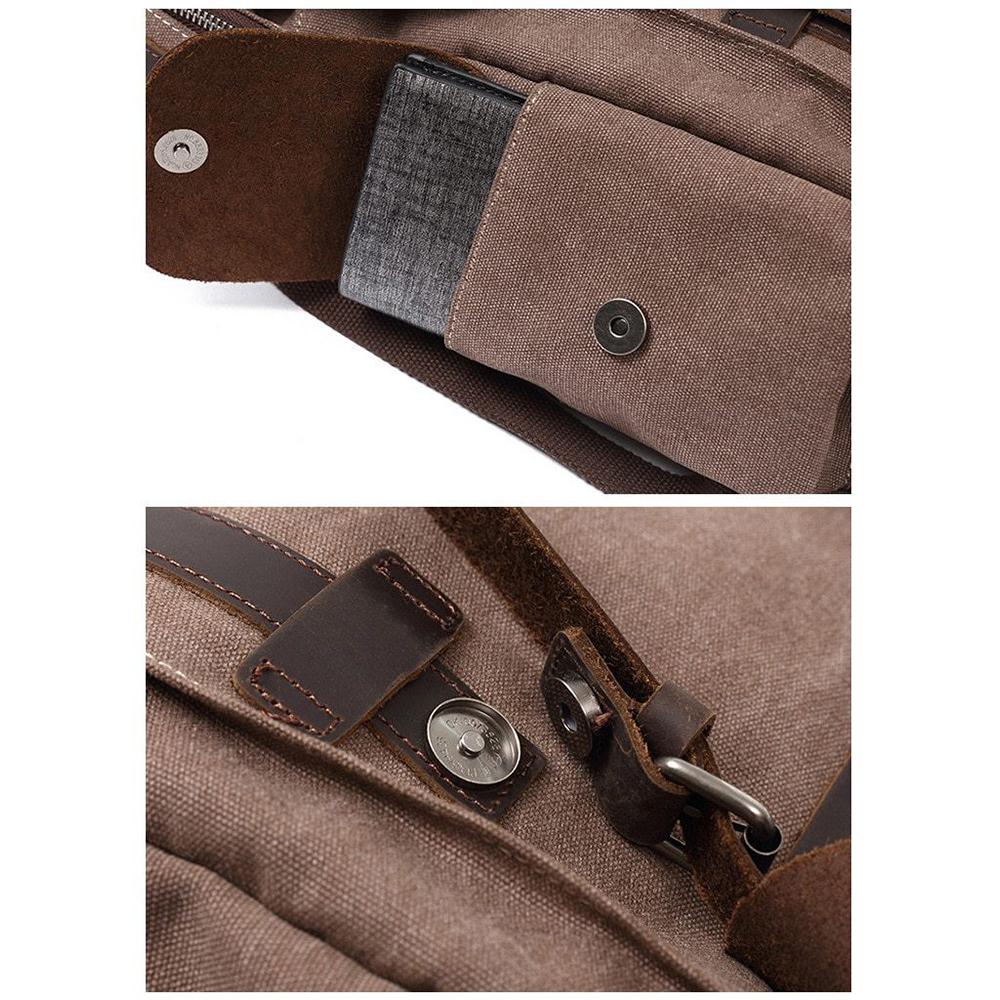 Close-ups of coffee waxed canvas backpack showing a tablet in a side pocket and open magnetic fasteners.