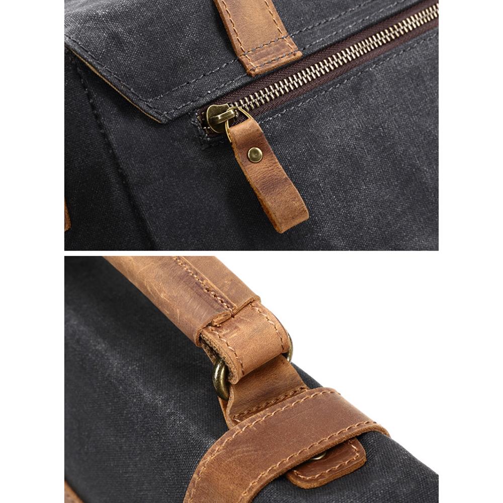 Close-ups of the rear zipper, leather pull tab and stitched handle attachment