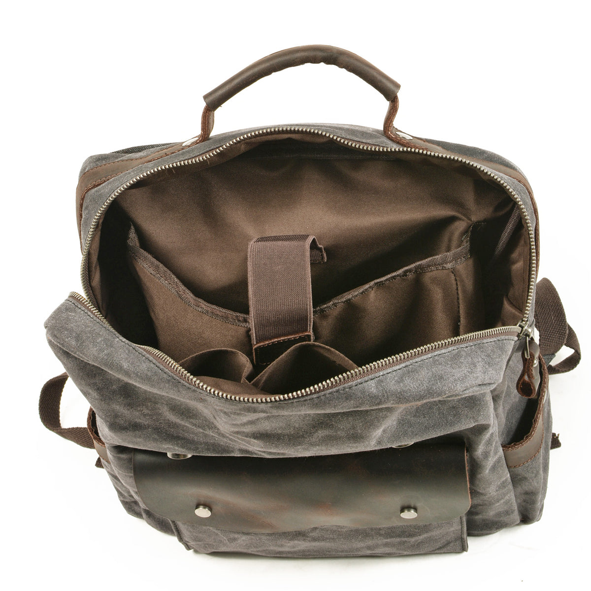 Open gray backpack showing the laptop sleeve and organizer pockets