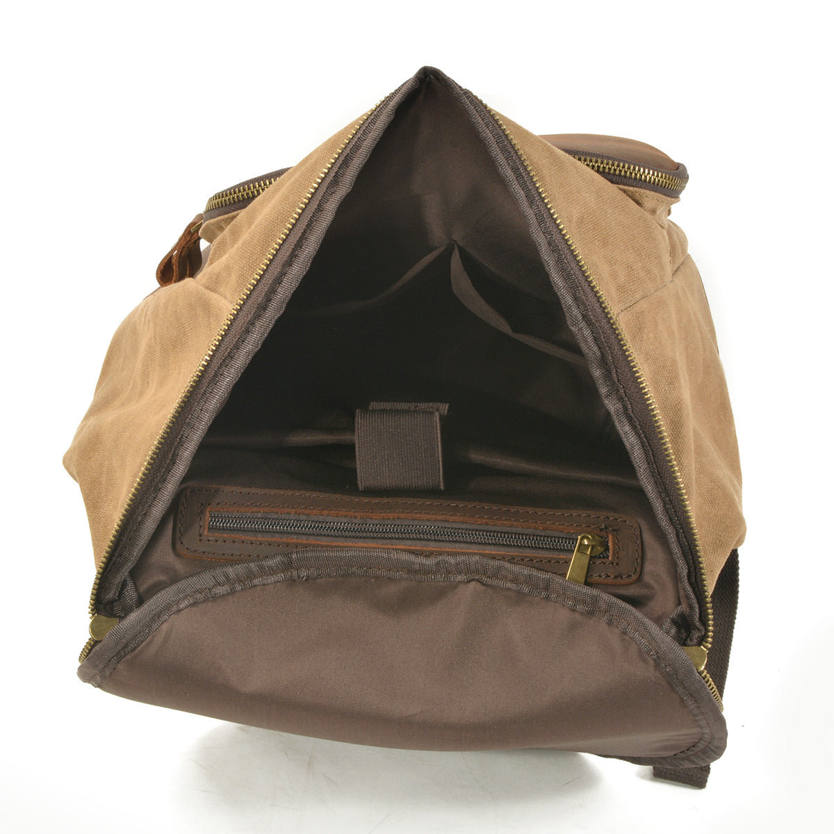 Open main compartment revealing the padded laptop sleeve and interior pockets