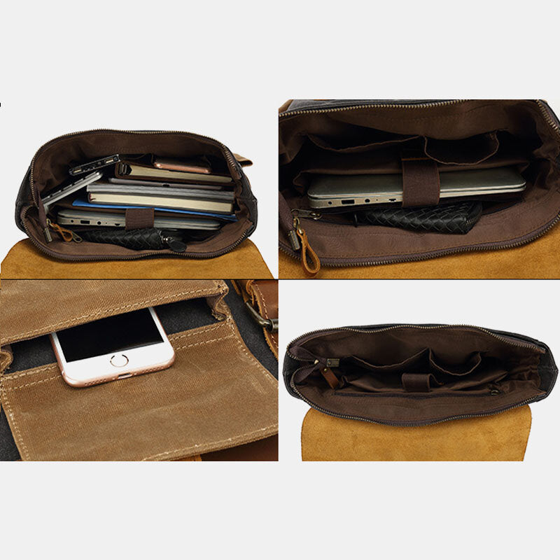 Open backpack showing a laptop and notebooks in the main compartment, with a phone in the front pocket