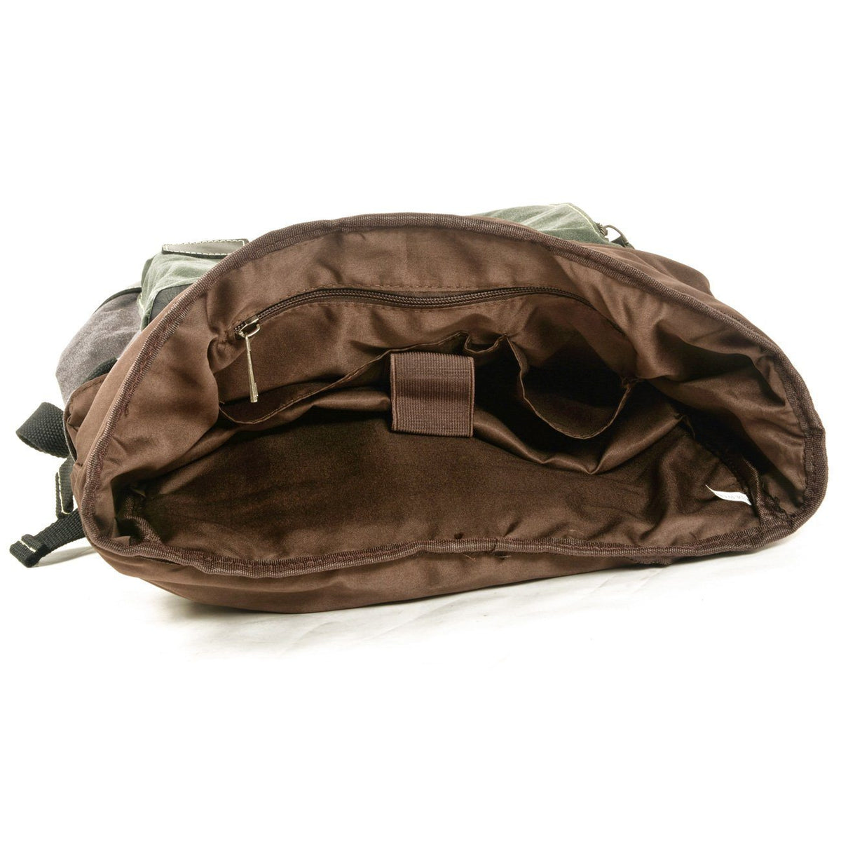Open backpack interior with brown lining, a zippered pocket, slip pockets and a laptop sleeve retaining strap