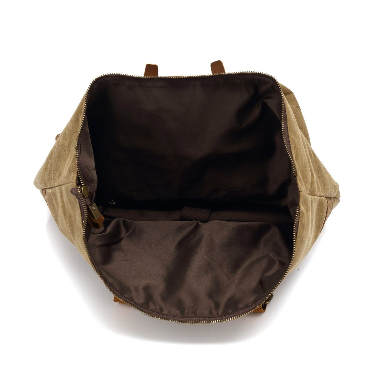 Wide-open main compartment with a brown lining
