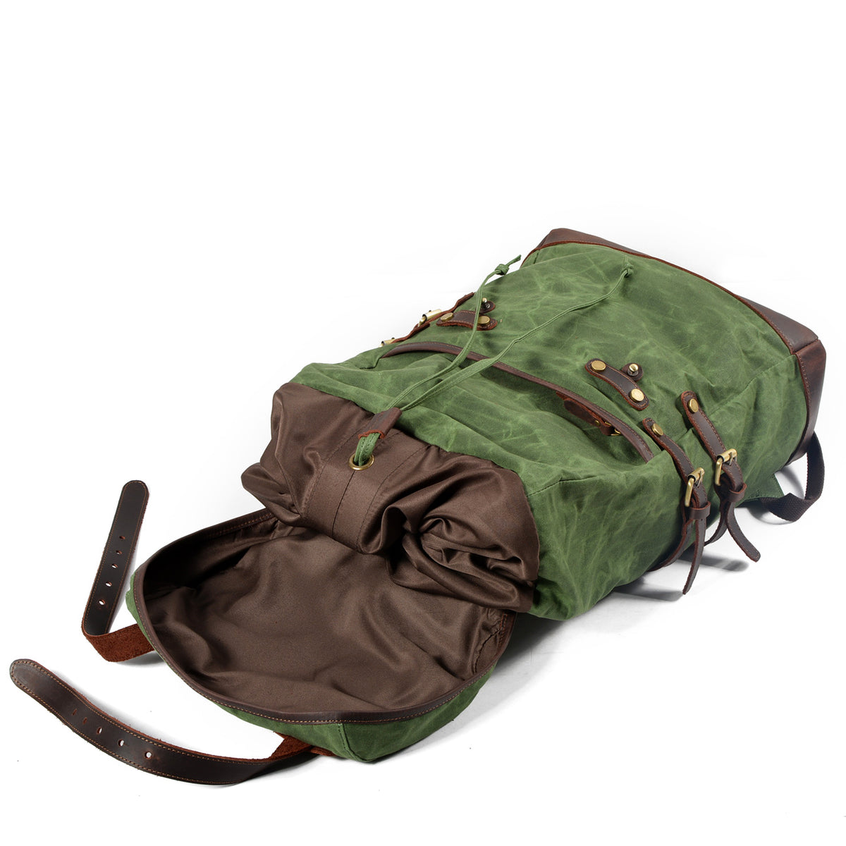Army green rucksack with its drawstring top opened