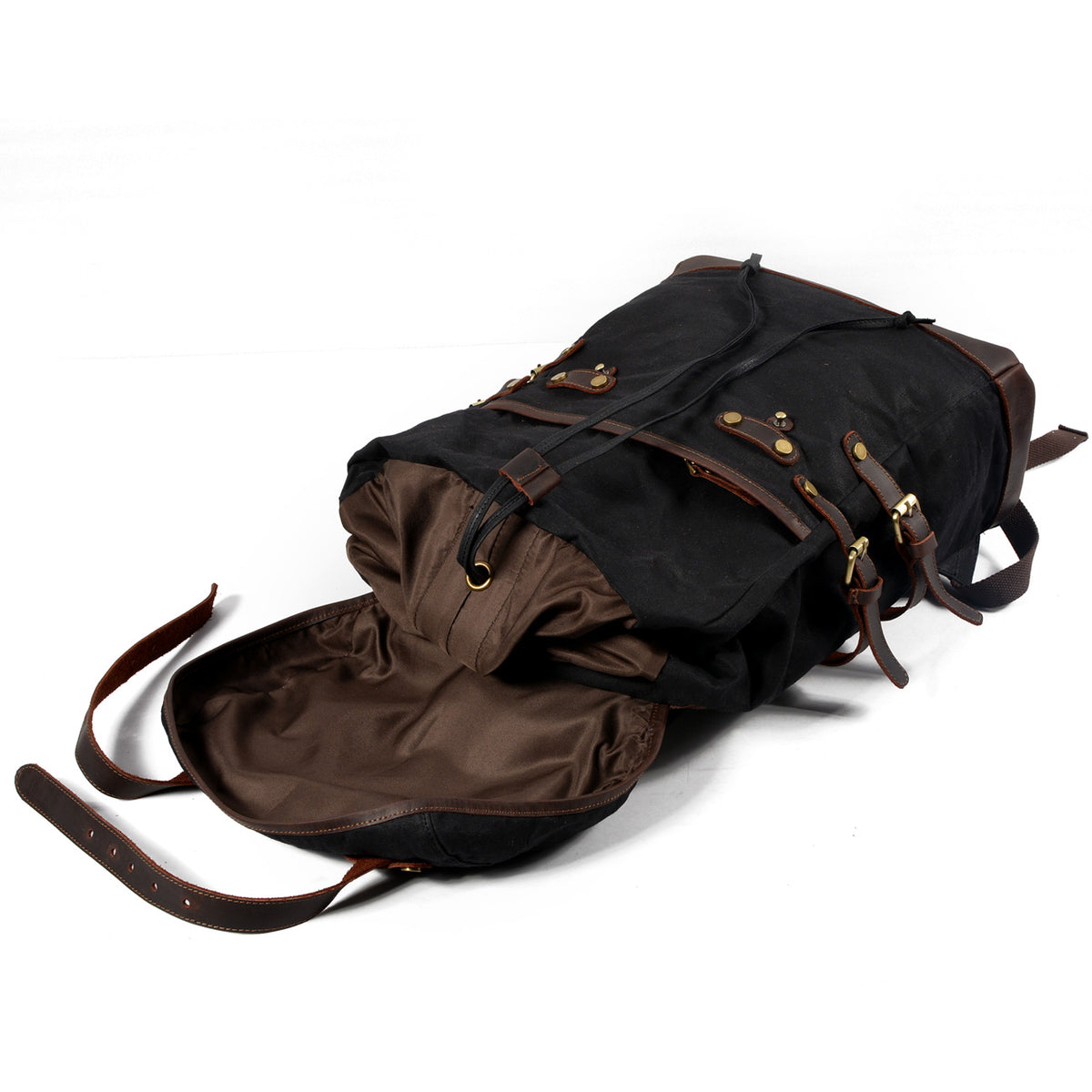 Drawstring top of the black backpack opened to show the lining
