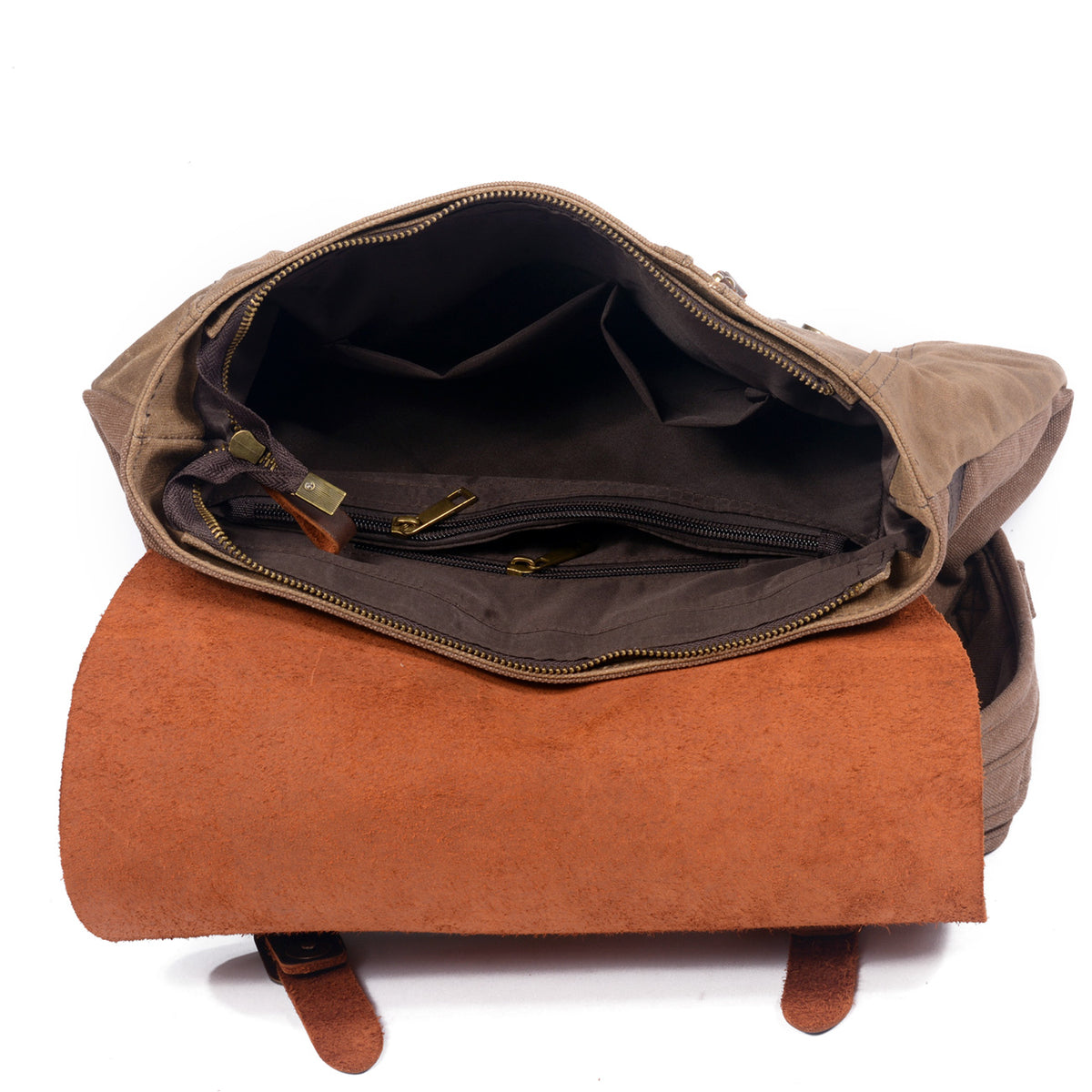 Khaki backpack interior showing the lining and laptop sleeve.