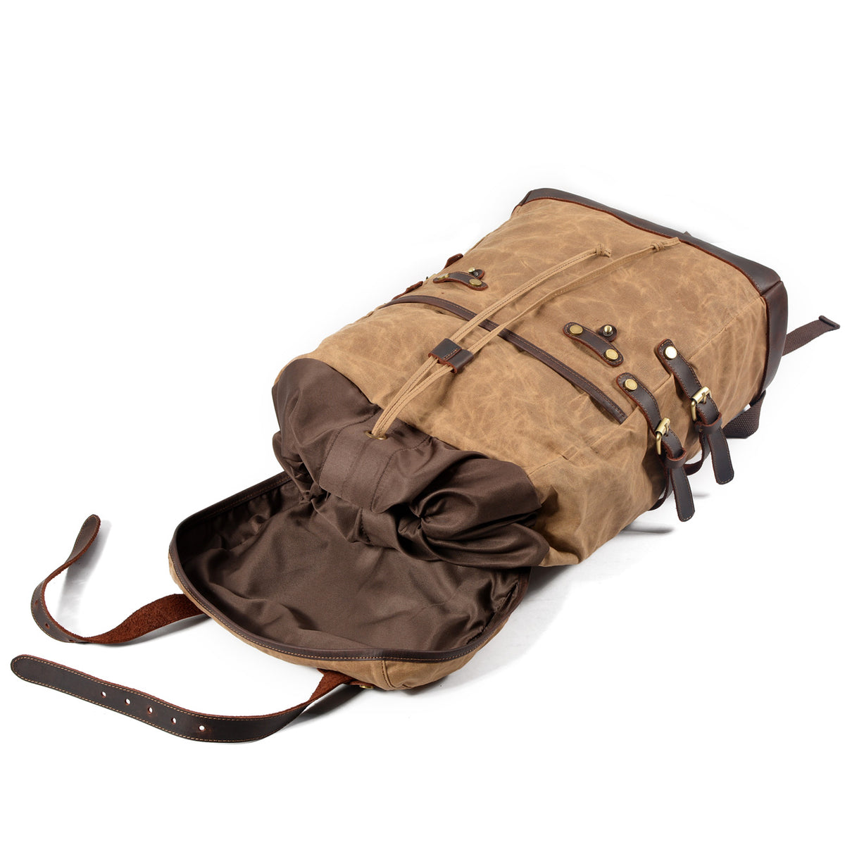 Khaki rucksack opened at the drawstring top