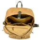 Open khaki backpack showing the laptop sleeve and zipper pocket