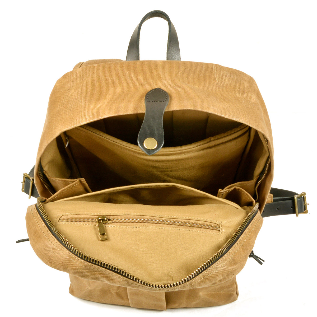 Open khaki backpack showing the laptop sleeve and zipper pocket