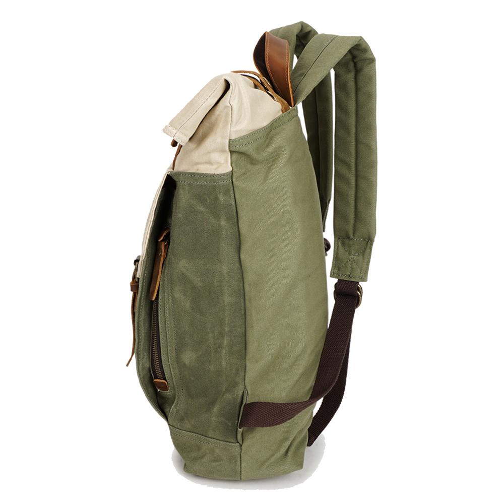 Left-side profile of the Beige roll top backpack with its padded shoulder strap.